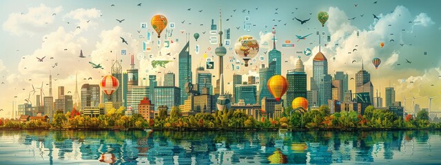 Wall Mural - a cityscape with a bright orange sky and a blue sky with a lot of stars