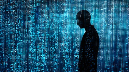 Silhouette of Human in the Digital Data Rain