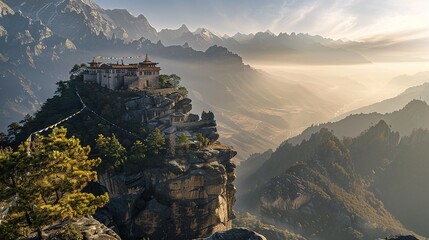 Remote mountain monastery at sunrise