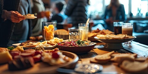 Canvas Print - Closeup of people enjoying various snacks near a table during a coffee break