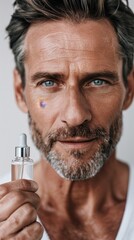 Wall Mural - A man with a gray beard and blue eyes holding a bottle of perfume with a subtle sparkle on his cheek.