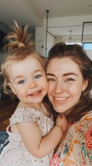 A joyful mother and daughter moment captured in a warmly lit room with the mother's loving embrace and the child's radiant smile.