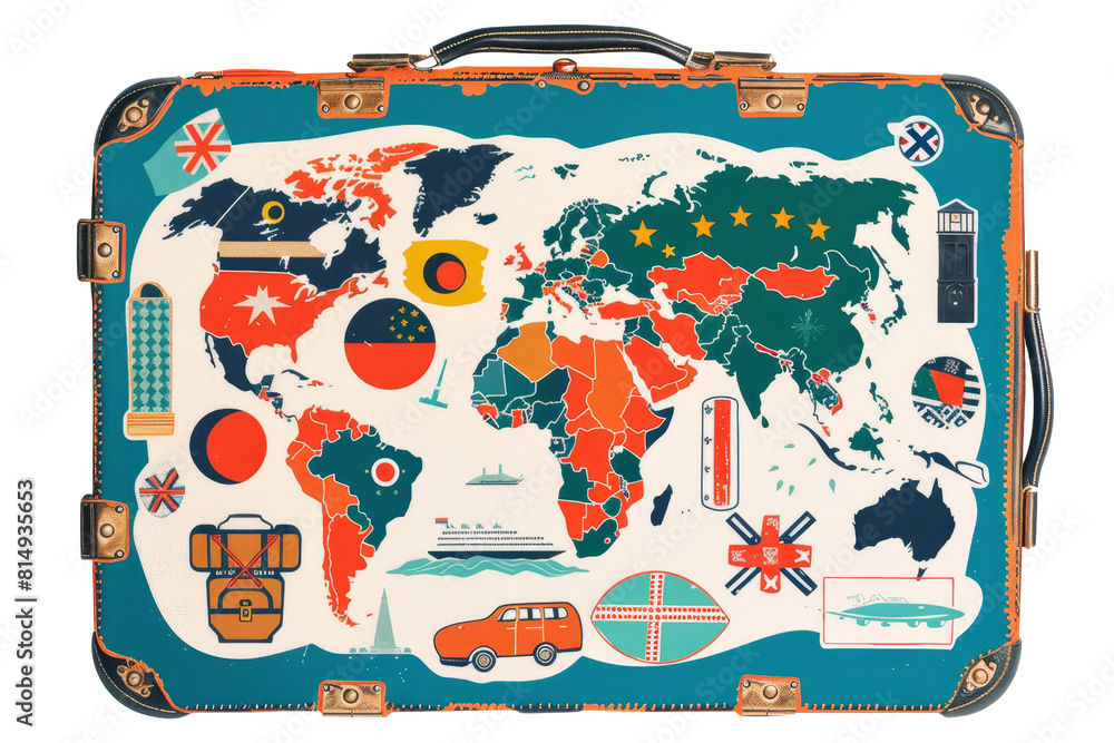 world map with various landmarks. It is in the shape of a suitcase ...
