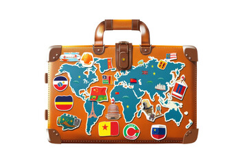 brown suitcase with stickers of different flags from around the world. The suitcase is open.