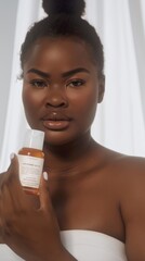 Wall Mural - A woman with a glowing complexion holding a skincare product showcasing her radiant skin and the product's potential benefits.