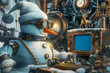Snowman in steampunk style tinkering with a retro futuristic computer, idea for a postcard for the festive mood of New Year's Eve or Christmas, space for text