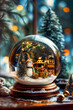 A vertical poster with an image of a snow globe with a snowman, a Christmas sleigh and a Christmas tree stands on the desktop, a postcard for Merry Christmas.