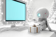 Futuristic scene with robot snowman with LED eyes and metal scarf on table against blank computer screen background, idea for Merry Christmas greetings