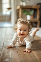 Cute baby girl crawling on hardwood floor at home