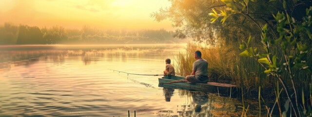 Wall Mural - A man and a child are fishing in a lake