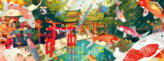 Wall Mural - A large red and white fish is swimming in a pond