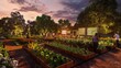 A community garden at dusk, where each plant section has digital signage providing visitors with interactive data about the plant species, health, and growth stages. The garden bathed in the warm