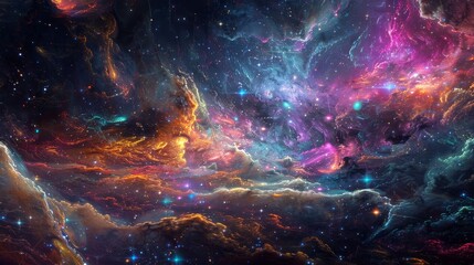 Celestial tapestry of vibrant neon threads backdrop