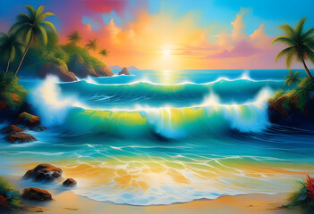 Wall Mural - A vibrant painting of a tropical seascape with palm trees and colorful sunset 