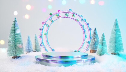 Wall Mural - Merry christmas and happy new year with 3d empty podium product display and christmas ornaments or podium and element merry christmas to display product, Christmas Stage, podium and element Christmas 