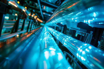 Poster - In a bustling data center, fiber optic cables and high-tech equipment glow in a vibrant, pulsating blue light. 