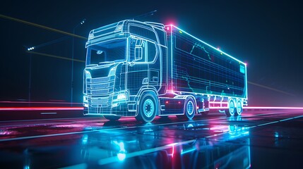 Wall Mural - A mesmerizing 3D illustration of a lorry truck with a container blueprint glowing with neon holograms, symbolizing the integration of futuristic technology in the realm of transportation and logistics