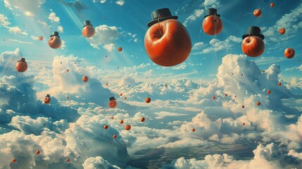Wall Mural - Floating apples and bowler hats in surreal dreamscape backdrop
