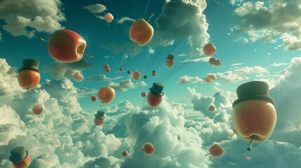 Canvas Print - Surreal dreamscape with floating apples and bowler hats backdrop