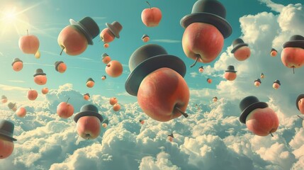 Wall Mural - Floating apples and bowler hats in surreal sky backdrop