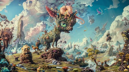 Wall Mural - Fantastical landscapes and bizarre creatures inhabit a surreal dreamscape backdrop