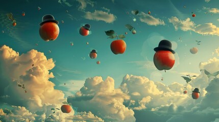 Wall Mural - Surreal scene with floating apples and bowler hats whimsical delight backdrop