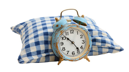 Vintage retro classic rustic blue alarm clock or watch leaning on a pillow isolated on transparent background. Morning early wake up time, snooze, tired