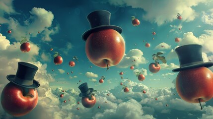 Canvas Print - Surreal scene with floating apples and bowler hats whimsical delight backdrop