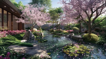 Canvas Print - Serene Japanese garden with ponds and cherry blossoms backdrop