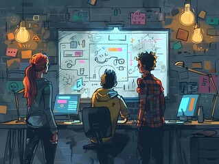 A team of three software engineers work late into the night to debug a complex issue