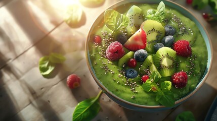 Fresh green smoothie bowl, birdseye view, bright sunlight, topped with kiwi, berries, and chia seeds