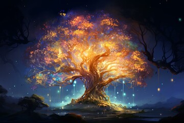 Wall Mural - Captivating illustration of a mystical tree set against a starry night backdrop, radiating with vibrant colors