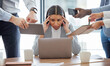 © peopleimages.com - Multitasking, stress and woman overwhelmed in office with headache, burnout or accountant on audit. Frustrated, employee and anxiety for time management chaos, challenge or deadline in schedule