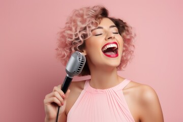 Poster - Portrait of a joyful woman in her 30s dancing and singing song in microphone in pastel pink background