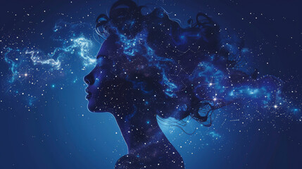 a digital artwork of a woman's silhouette merging with a starry night sky, symbolizing the cosmos bl