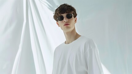 Poster - Fashionable Man Wearing Oversized White Tee and Stylish Sunglasses in Minimalist White Studio