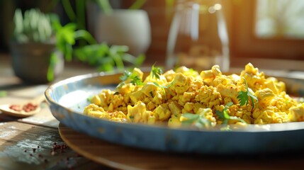 Tofu scramble, vibrant turmeric yellow, rustic plate, eye level, soft natural light