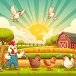 Sunny Farm Morning: Cartoon Illustration of Happy Chickens Enjoying the Sunrise.