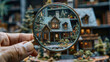 a magnifying glass in hand, scrutinizing a house model represents the essence of house selection and the detailed analysis inherent in the real estate process.