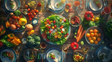 Vibrant vegan feast, wideangle shot, natural daylight, colorful vegetable platter on rustic wood table