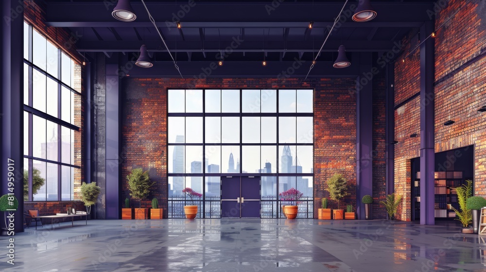 View of An empty industrial-style loft warehouse with high ceilings, floor-to ...