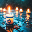 Burning candle with star of david and snowflakes on wooden background