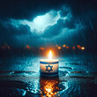 Candle in the rain with star of david on a dark background