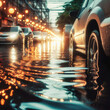 Car driving through a flooded street during a heavy rain in the evening