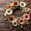 Beautiful floral wreath on wooden background, top view. Space for text