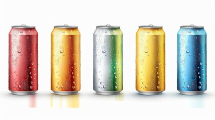 Realistic metal cans. Aluminum soda and lemonade cans with water drops, energy drink blank mockup. Vector isolated set canned beverages with water condensation on white background