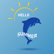 Hello summer, sun and waves, jumping dolphin. Cute dolphin on a blue background, hand drawn vector illustration.
