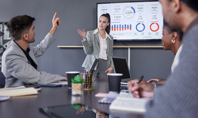 Canvas Print - People, boardroom and statistics in presentation with question for feedback, report and progress with clients. Office, people and teamwork or collaboration for business financial data as accountant