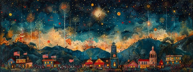 Wall Mural - a painting of a city with a large crowd of people