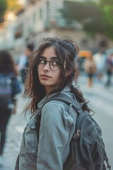 Thoughtful woman wearing backpack with man walking